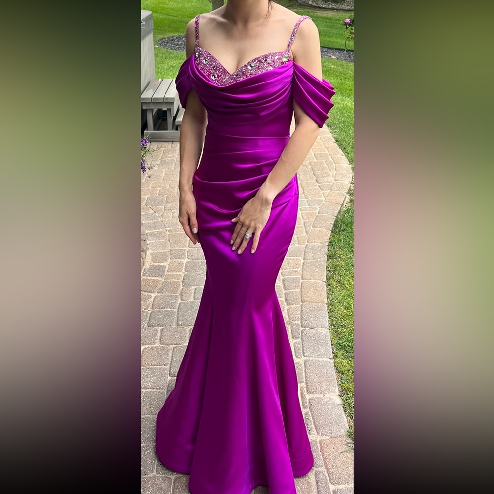 İNSET Off Shoulder Maxi Satin Mermaid Violet Purple Dress Ins3069, size 36